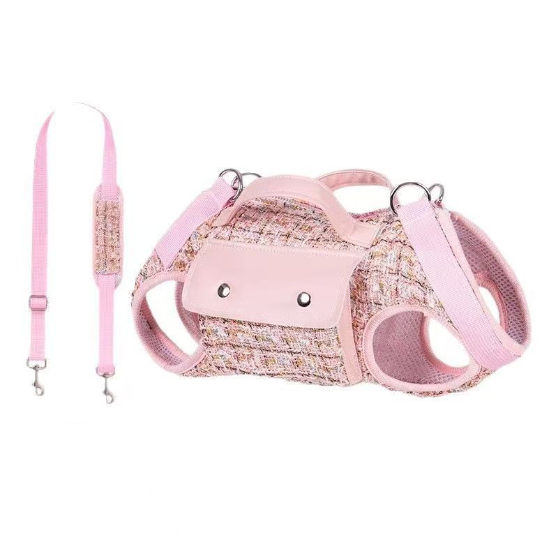 【006】Pink Tweed Pet Harness with Leash & Pocket【$48.99】