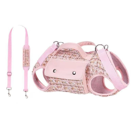 【006】Pink Tweed Pet Harness with Leash &amp; Pocket【$48.99】