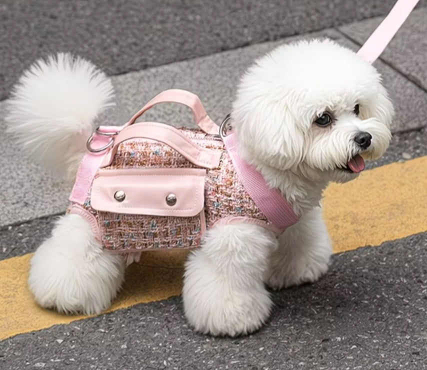 【006】Pink Tweed Pet Harness with Leash &amp; Pocket【$48.99】