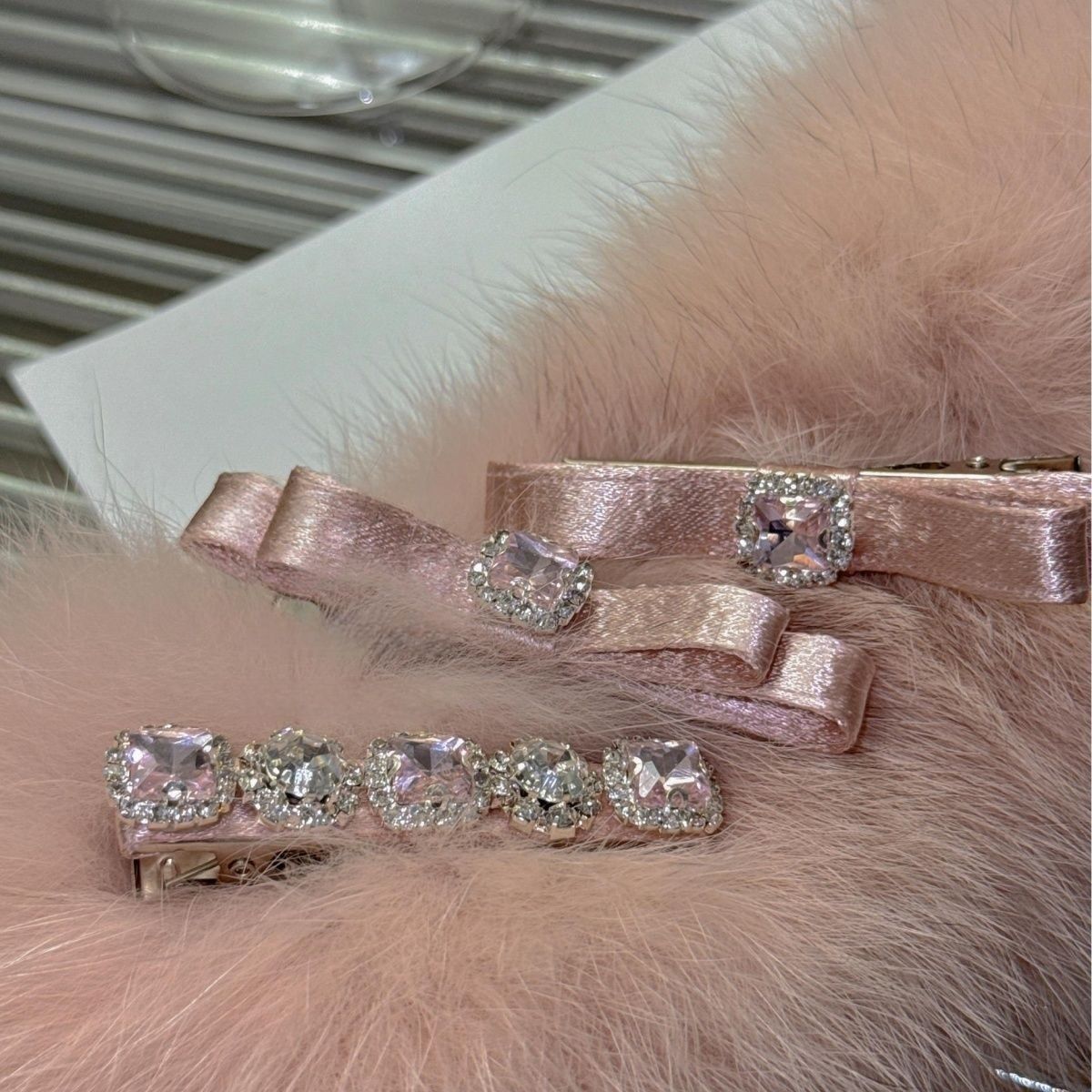【A02】Satin Crystal Bow Hair Clips Set【$34.88】