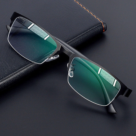 【019】Business Semi-Rimless Square Eyeglasses with Green Anti-Glare Lenses【129.12】